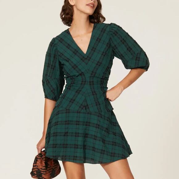 Tanya Taylor Green Plaid Fit Flare Mini Dress MEDIUM Celtic Party Designer $475 - Picture 1 of 10